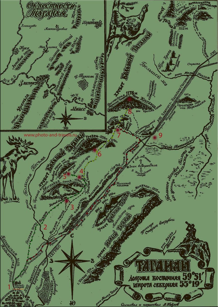 4. Карта тропинок в национальном парке Таганай. Схема маршрута для похода на 2 дня в горах Южного Урала